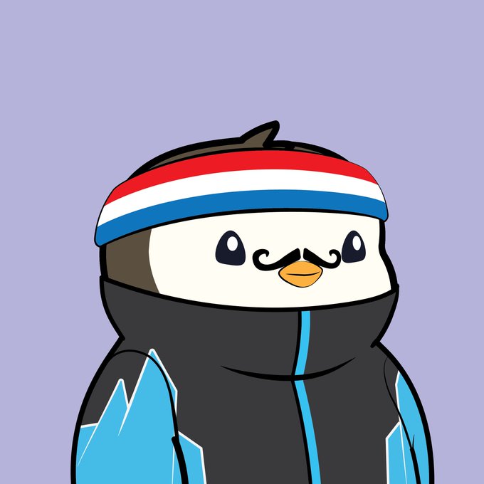 A cartoon illustration of a penguin wearing a red, white, and blue headband and a dark jacket with light blue accents against a solid purple background.