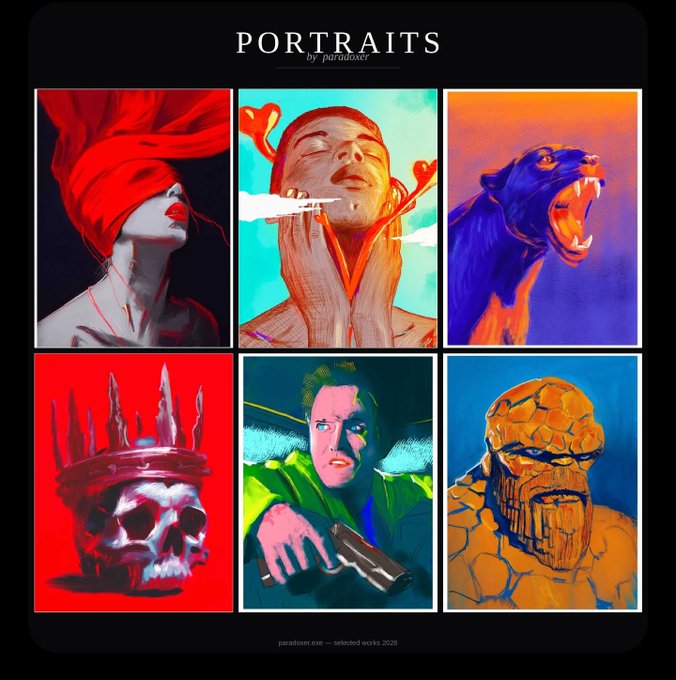 A portfolio titled 'PORTRAITS by paradoxer' features six digital paintings including a red-turbaned figure, a screaming face with heart tongues, a roaring panther, a skull with a crown, a man holding a gun, and a rocky creature, dated 'selected works 2026'.