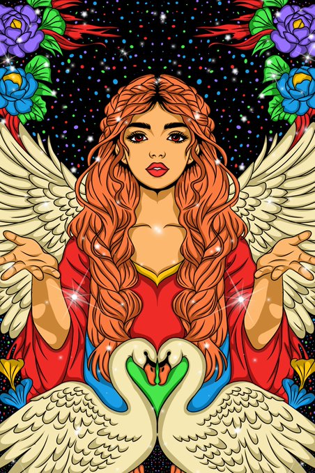A digital artwork depicting a serene winged woman with flowing red hair against a starry background, framed by roses and two swans forming a heart—the "Serene Wings" piece from the #EIRENIA collection, Edition 6, shared on $XTZ for a Tuesday Special.