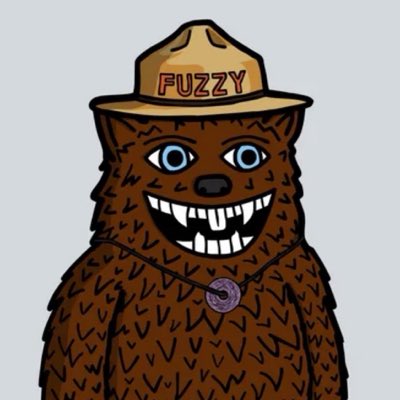 An illustrated brown furry creature with a wide, toothy grin wears a hat labeled 'FUZZY' and a medallion necklace.