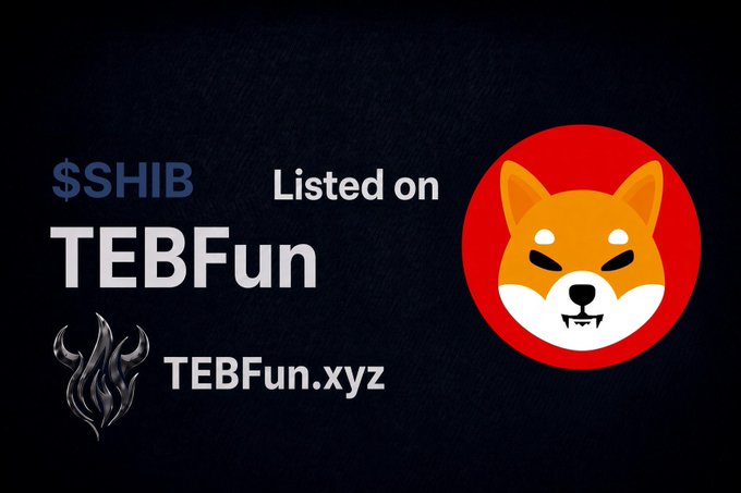 A promotional graphic showing '$SHIB Listed on TEBFun' with the TEBFun.xyz website and logo, alongside the red and white Shiba Inu dog logo.