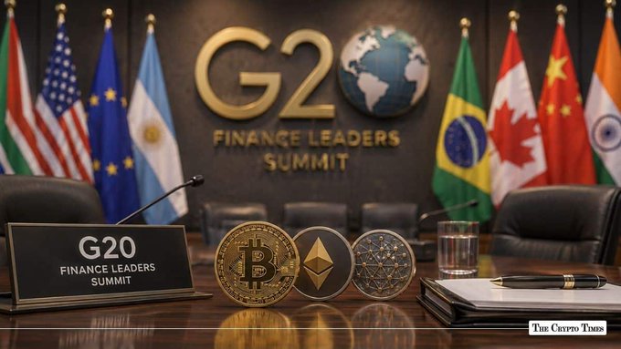 A 'G20 Finance Leaders Summit' image featuring flags of various nations behind a conference table displaying Bitcoin, Ethereum, and Cardano cryptocurrency coins.