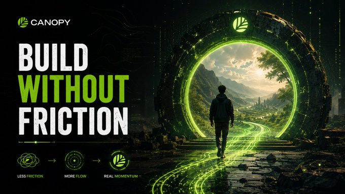 A tech-themed advertisement for 'CANOPY' features a figure walking through a glowing green portal with the bold text 'BUILD WITHOUT FRICTION' and icons labeled 'LESS FRICTION', 'MORE FLOW', and 'REAL MOMENTUM'.