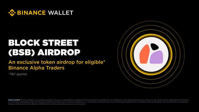 A black promotional banner featuring the "BINANCE WALLET" logo announces a "BLOCK STREET (BSB) AIRDROP" as an exclusive token airdrop for eligible Binance Alpha Traders, accompanied by the BSB token's distinctive orange and purple logo design. The visual pairs with the post's details about the second wave of airdrop rewards requiring at least 250 Binance Alpha Points to claim 245 BSB tokens.