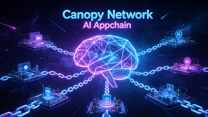 The image is a futuristic promotional graphic for "Canopy Network – AI Appchain," featuring a glowing neon brain at the center connected by chain links to various tech-themed nodes, visually symbolizing an AI-optimized blockchain network.

This directly illustrates the post's message: Canopy Network (CNPY) solves the deployment bottleneck for AI agents and small projects by offering a simplified, AI-tailored appchain architecture, with the brain and connected nodes representing how the platform links AI intelligence to streamlined on-chain infrastructure.
