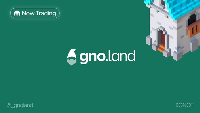 A green promotional graphic featuring the "gno.land" logo with a small house icon alongside a voxel-style building illustration, with a "Now Trading" badge in the top-left corner. The image promotes the launch of the $GNOT token on Kraken Pro, highlighting gno.land's fully on-chain, human-readable smart contract platform.
