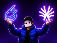 An animated character wearing a white mask and blue puffer jacket raises its hands, emitting neon blue symbols against a dark purple background.
