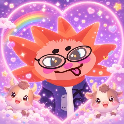 Colorful cartoon illustration of a cheerful orange sun-like character with glasses and a suit sticking out its tongue, framed by a glowing heart with rainbows, stars, and two cute cow companions on clouds.