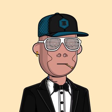 A cartoon illustration of a monkey character wearing a black baseball cap with a logo, white shutter-shade sunglasses, a black suit jacket, white shirt, and black bow tie, with a small cigarette in its mouth.