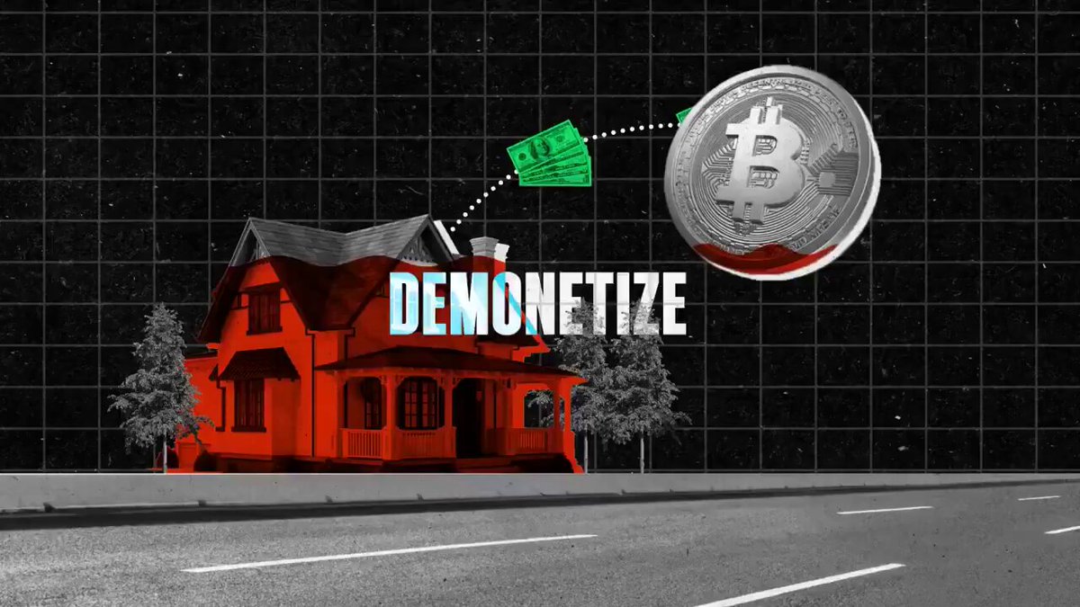 The image shows an illustration of a house with a coin being thrown towards it, which says "DEMONETIZE" above it. The central theme of the illustration is Bitcoin, an electronic currency. It is suggested that if Bitcoin were used as a form of payment for houses, it could potentially address the housing crisis by driving prices down and making homeownership more accessible to a larger population. The image promotes this idea by connecting the house with the coin to demonstrate how cryptocurrency can be leveraged for social change in the real world.