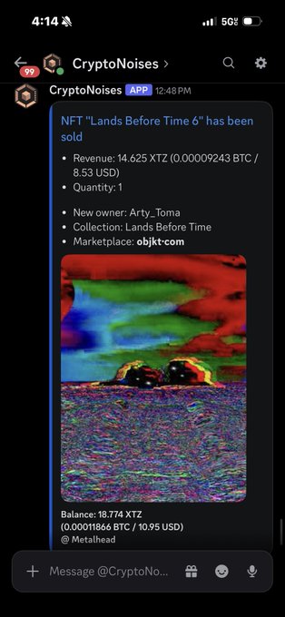 A Discord screenshot from the CryptoNoises bot showing an NFT sale notification for 'Lands Before Time 6,' which sold for 14,625 XTZ to Arty_Toma on objkt.com, displaying a glitchy, colorful digital artwork and a balance of 18,774 XTZ.