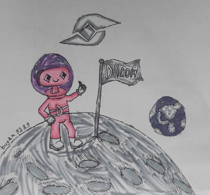 A hand-drawn illustration shows a pink astronaut character with a purple helmet standing on a gray moon, pointing toward a 'Dilicoin' flag, with a small Earth and a UFO in the background.