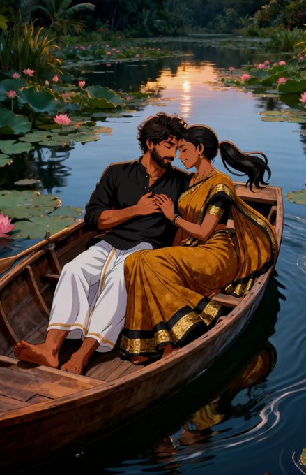An illustrated romantic scene depicts a man in black and a woman in a golden saree embracing while sitting in a wooden boat floating on a lotus-filled pond at sunset.