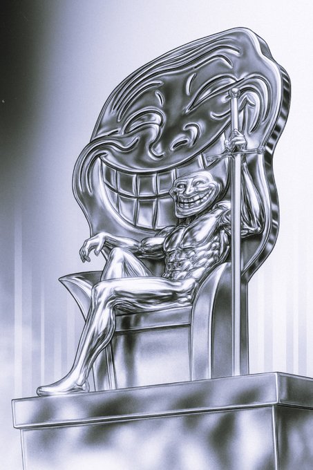 A monochromatic silver drawing depicts a smiling trollface figure lounging casually on an ornate throne while holding a staff.