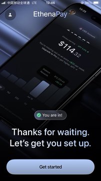 The image shows a mobile screen for "EthenaPay" featuring a pending payment notification for $114.93, along with a "You are in!" confirmation and a "Thanks for waiting. Let's get you set up" message. This relates to the post by confirming that Ethena has finally processed the waitlist approval, though the payment benefit remains under review.