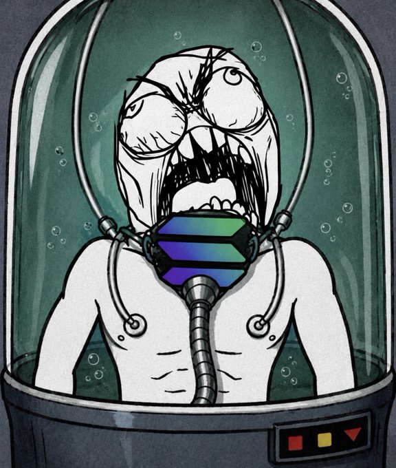 A cartoon illustration of a rage-filled character inside a glass chamber, wearing an oxygen mask with a hexagonal breathing apparatus connected to tubes.