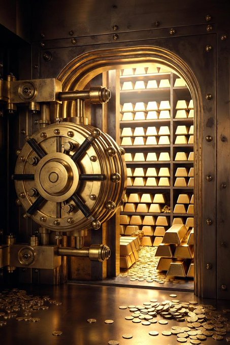 An open bank vault door revealing shelves stacked with gold bars and coins scattered on the floor in a warm golden glow.