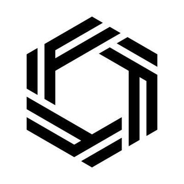 A minimalist black and white geometric logo resembling a stylized hexagonal or cubic shape composed of parallel lines.
