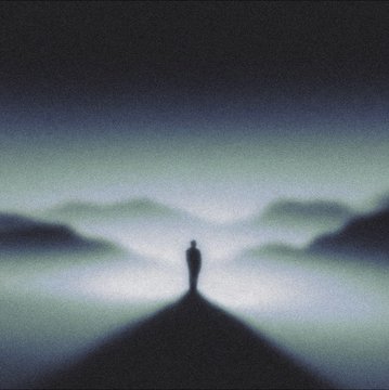 A dark silhouette of a person standing at the end of a path surrounded by mist or fog under a dark sky.