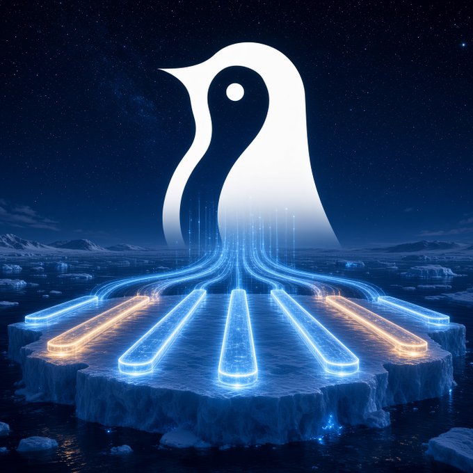 A large white penguin logo stands on an icy platform in a starry night landscape, with glowing blue and orange light trails radiating outward from its base.