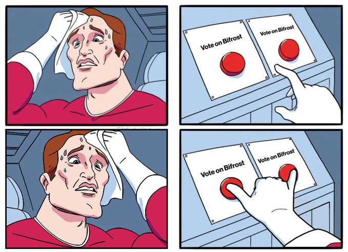 A four-panel comic showing a sweating, distressed man next to a panel of a hand hesitating to press one of two red 'Vote on Bifrost' buttons, ultimately pressing the left one.