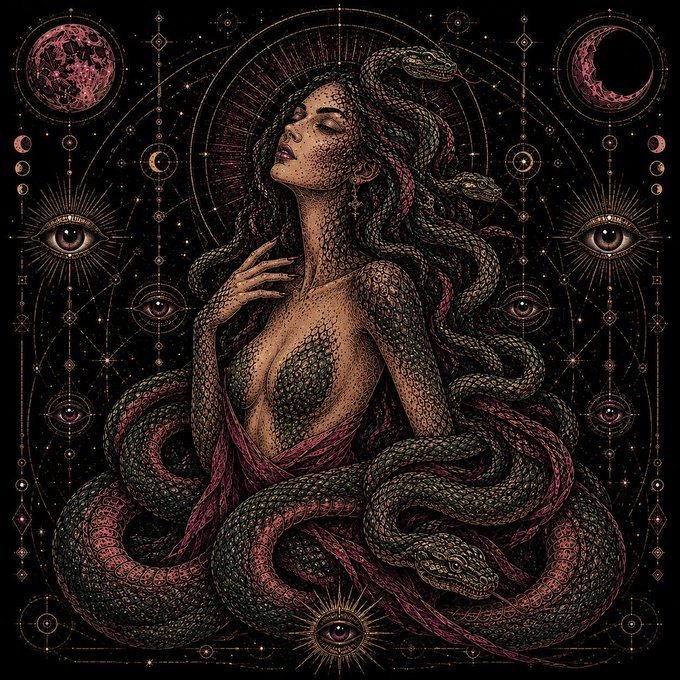 A mystical, dark-toned illustration of a woman with serpentine body and snake-hair, surrounded by coiled snakes, glowing eyes, and celestial motifs including a crescent moon.