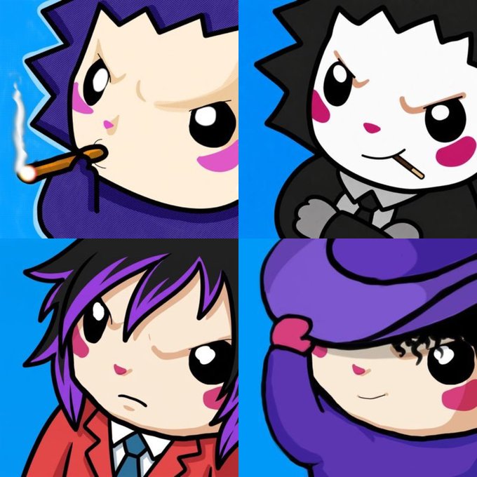 The image features four cartoon faces, each with different expressions and clothing styles. They are arranged in a square grid format against a blue background. The first face has a serious expression and is wearing a suit, while the second face has a playful expression and is dressed in a red jacket. The third face also has a serious expression but is wearing a black suit. The fourth face has a playful expression and is wearing a purple hat. Each character's outfit and expressions are unique, showcasing their individual personalities within the group of four cartoon faces.
