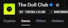 The image shows a verification badge from OpenSea for "The Doll Club," featuring a green checkmark and text crediting the collection to "THEDOLLCLUB" and creator "/ ROBINHOOD," which relates to the post announcing their verified status on OpenSea.