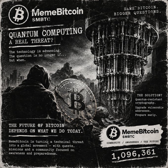 A vintage-style black and white graphic advertises 'MemeBitcoin $MBTC,' warning about the 'QUANTUM COMPUTING A REAL THREAT?' to Bitcoin and listing the number '1,096,361'.