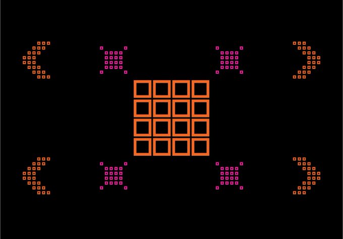 A pixel-art style graphic on a black background showing a central 4x4 orange grid surrounded by smaller pixelated icons in orange and pink arranged in a symmetrical pattern.
