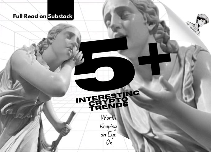 Black and white promotional image featuring classical statues with bold text reading '5+ INTERESTING CRYPTO TRENDS Worth Keeping an Eye On' and a Substack call-to-action.