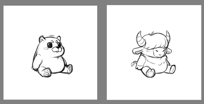 Two black and white sketch illustrations side by side: a chibi koala bear on the left and a chibi character with horns on the right.