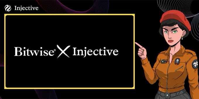 A promotional graphic featuring 'Bitwise X Injective' in a yellow-bordered box, with a cartoon woman in an orange jacket and red beret pointing at the text, set against a black background with the Injective logo in the top left.