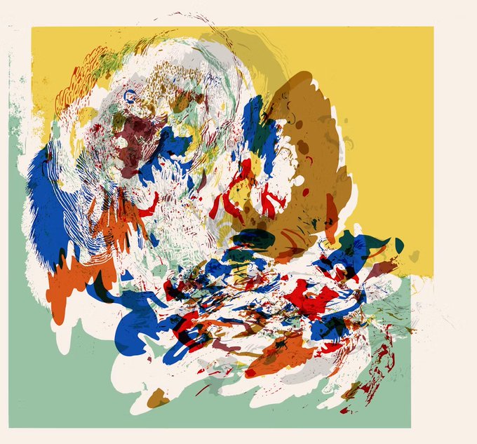 An abstract expressionist painting with vibrant splashes of red, blue, yellow, white, and brown against a yellow and mint green background.