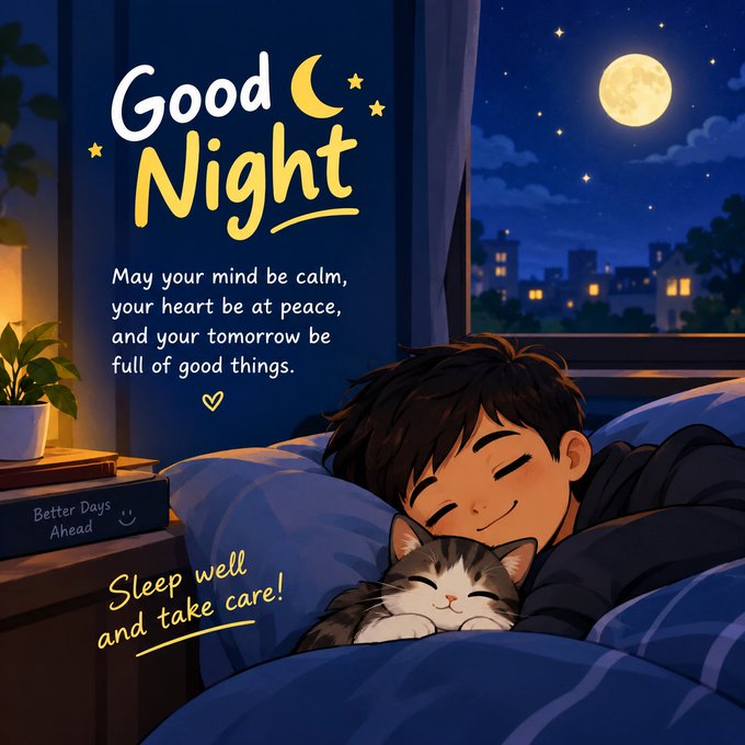 An illustrated 'Good Night' greeting card shows a boy sleeping peacefully while cuddling a small kitten, with a moonlit night sky and cityscape visible through the window, accompanied by the message 'May your mind be calm, your heart be at peace, and your tomorrow be full of good things' and 'Sleep well and take care!'.