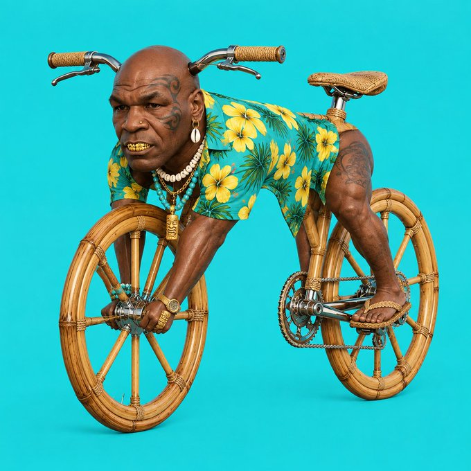 A surreal digital artwork depicting Mike Tyson riding a bamboo bicycle, wearing a yellow floral Hawaiian shirt, gold grills, and pearl jewelry against a bright turquoise background.