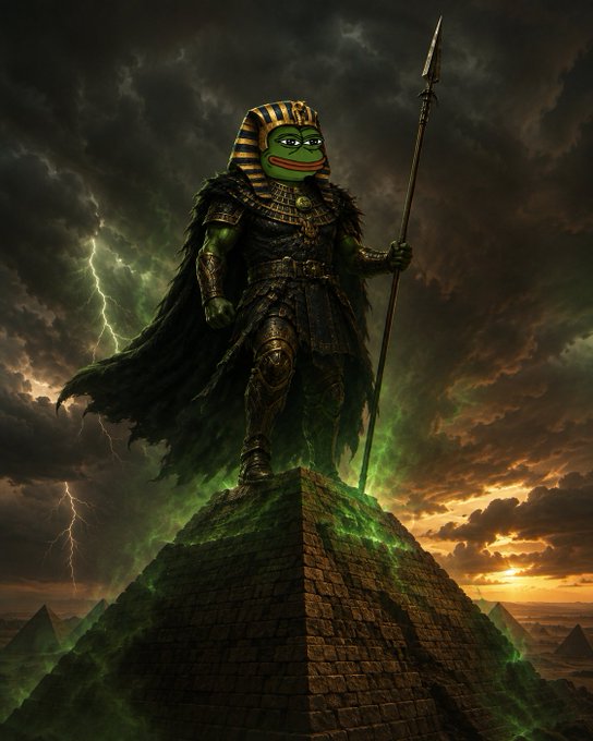 A Pepe the Frog character depicted as an Egyptian pharaoh warrior holding a spear while standing atop a pyramid with green energy and lightning in the background.