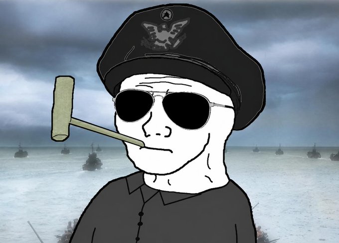 The image depicts a "Wojak" meme character dressed as a military commander, wearing a black officer's cap with an eagle emblem, dark aviator sunglasses, and smoking a pipe, set against a dramatic backdrop of naval ships approaching a beach under stormy skies. The caption aligns with this imagery, as it militaristically rallies crypto "soldiers" to invade the market by crushing bearish positions (the "bears") and establishing Ethereum mainnet as dominant territory for bullish traders, mirroring the commander rallying troops for a beach assault.