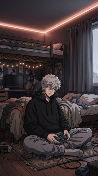 An anime-style illustration of a silver-haired young man in a black hoodie sitting cross-legged on the floor holding a game controller in a bedroom.
