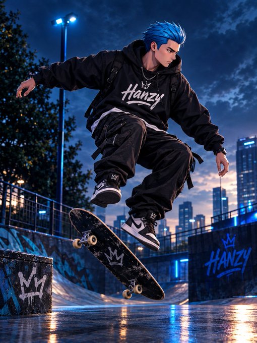 An anime-style illustration of a young man with blue hair performing a skateboard trick at night in an urban setting, wearing a black hoodie with 'Hanzy' written on it.