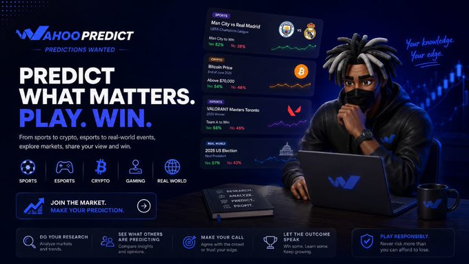 Yahoo Predict promotional graphic with the text 'PREDICT WHAT MATTERS. PLAY. WIN.' and 'Your knowledge, your edge', featuring an illustrated character at a laptop with prediction cards for sports, crypto, and real-world events.