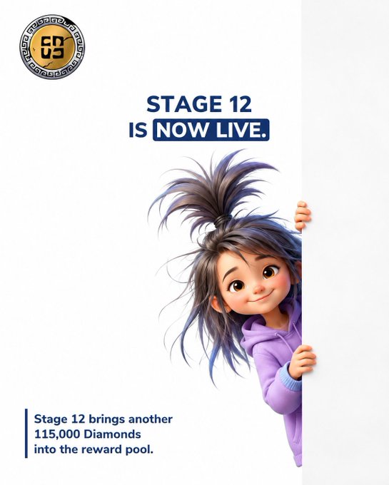 A promotional graphic with a gold 'GS' logo announcing 'STAGE 12 IS NOW LIVE,' featuring a 3D animated girl with messy hair peeking from behind a white surface, noting that 'Stage 12 brings another 115,000 Diamonds into the reward pool.'