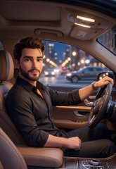 A digital illustration of a bearded man in dark clothing sitting in the driver's seat of a car at night, with one hand on the steering wheel.