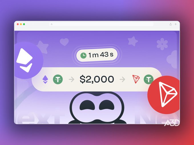 A promotional graphic showing a 1m 43s swap of 2,000 USDT from Ethereum to TRON via a browser interface, featuring a cartoon ninja mascot and icons for Aave and ExtrNODE.