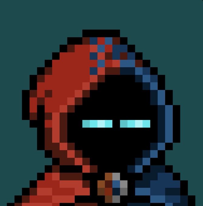 A pixel art illustration of a character with a dark face, glowing cyan eyes, and a hood featuring a red and blue color-blocked pattern.
