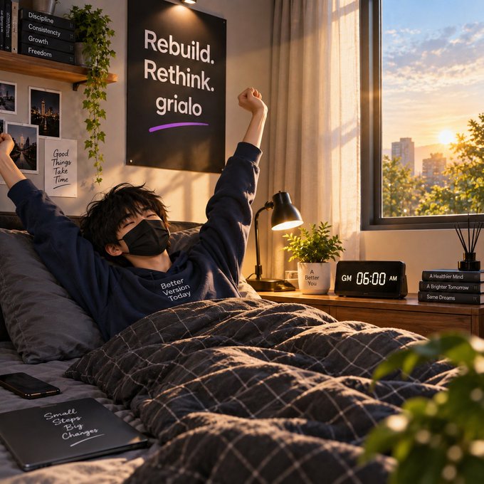 A person wearing a face mask and a navy sweatshirt stretches in bed, surrounded by motivational text including 'Rebuild. Rethink.', 'Good Things Take Time', 'Better Vision Today', and a digital clock reading '06:00 AM'.