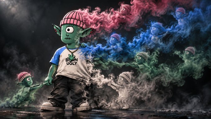 A 3D-rendered zombie-like green goblin character wearing a beanie and a 'BORN UGLY' t-shirt, holding hands with smaller similar creatures amidst swirling colored smoke.