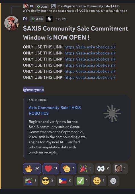 A Discord server announcement from 'PL' regarding the '$AXIS Community Sale Commitment Window is NOW OPEN!' for $AXIS ROBOTICS, with multiple links to sale.axisrobotics.ai.