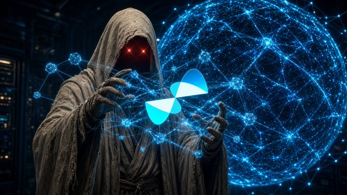A hooded, glowing-eyed figure manipulates a glowing blue sphere marked with the Quip logo, symbolizing control over the Quip Network ("Quip" visible on the central icon). The dark, mystical aesthetic mirrors the post's tone of ritualistic dedication to checking the Quip account, portraying the user as an unseen mastermind obsessively navigating Season 4's daily board and wallet upgrades.