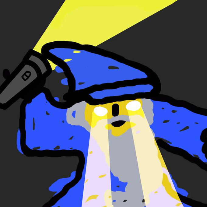 A stylized digital drawing of a police officer wearing a blue hat, illuminated by a bright yellow beam of light shining down from above.
